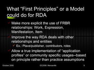 What “First Principles” or a Model could do for RDA Make more explicit the use of FRBR relationships: Work, Expression, Manifestation, Item Improve the way RDA deals with other relationships and entities Ex.: Place/publisher, contributors, roles Allow a true implementation of “application profiles” or community specific usages--based on principle rather than practice assumptions 