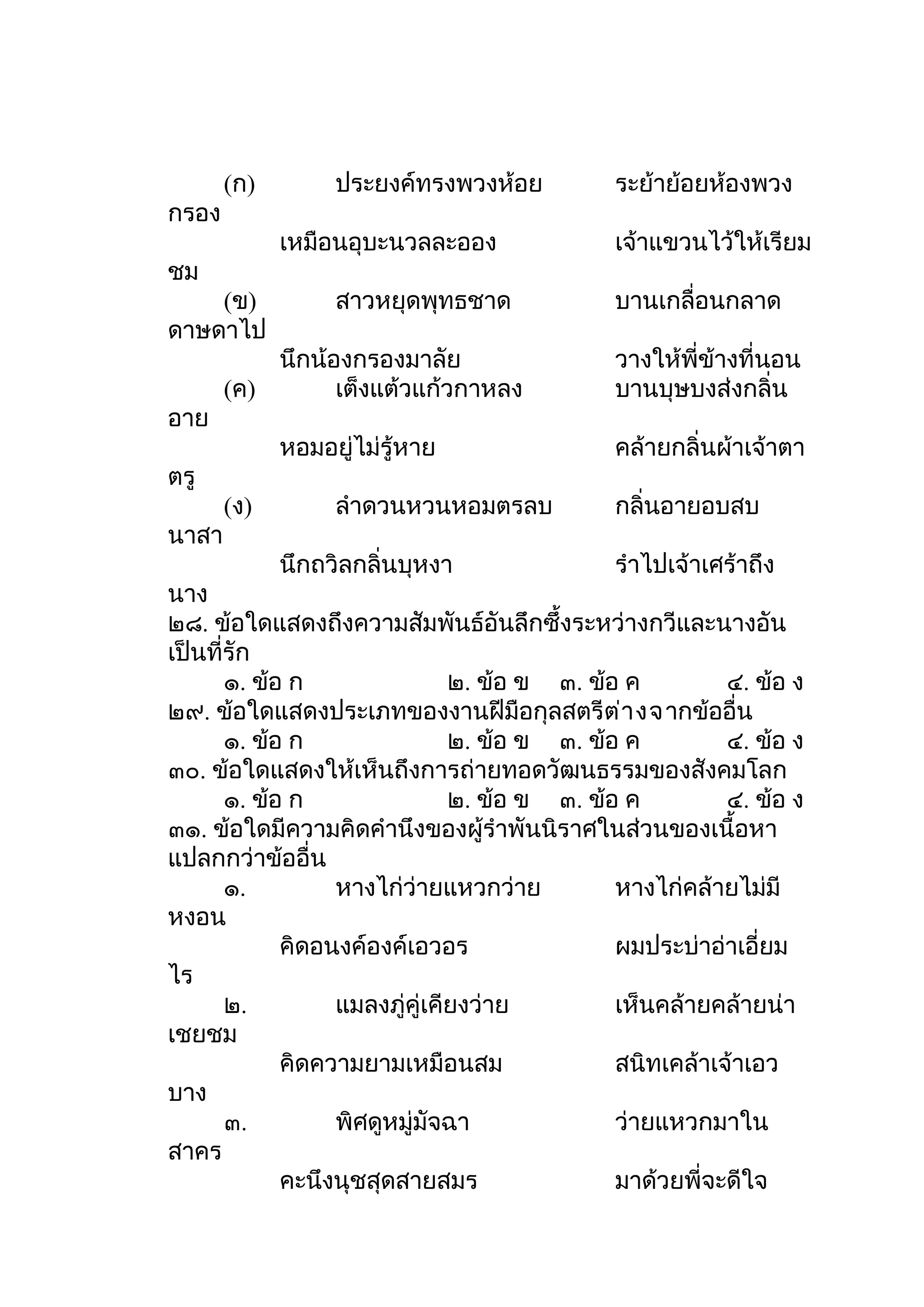 (ก)        ประยงค์ทรงพวงห้อย          ระย้าย้อยห้องพวง
กรอง
             เหมือนอุบะนวลละออง              เจ้าแขวนไว้ให้เรียม
ชม
    (ข)           สาวหยุดพุทธชาด             บานเกลื่อนกลาด
ดาษดาไป
           นึกน้องกรองมาลัย                  วางให้พี่ข้างที่นอน
       (ค)       เต็งแต้วแก้วกาหลง           บานบุษบงส่งกลิ่น
อาย
             หอมอยู่ไม่รู้หาย                คล้ายกลิ่นผ้าเจ้าตา
ตรู
       (ง)        ลำาดวนหวนหอมตรลบ           กลิ่นอายอบสบ
นาสา
             นึกถวิลกลิ่นบุหงา               รำาไปเจ้าเศร้าถึง
นาง
๒๘. ข้อใดแสดงถึงความสัมพันธ์อันลึกซึ้งระหว่างกวีและนางอัน
เป็นที่รัก
       ๑. ข้อ ก                ๒. ข้อ ข ๓. ข้อ ค         ๔. ข้อ ง
๒๙. ข้อใดแสดงประเภทของงานฝีมือกุลสตรีต ่า งจากข้ออื่น
       ๑. ข้อ ก                ๒. ข้อ ข ๓. ข้อ ค         ๔. ข้อ ง
๓๐. ข้อใดแสดงให้เห็นถึงการถ่ายทอดวัฒนธรรมของสังคมโลก
       ๑. ข้อ ก                ๒. ข้อ ข ๓. ข้อ ค         ๔. ข้อ ง
๓๑. ข้อใดมีความคิดคำานึงของผู้รำาพันนิราศในส่วนของเนื้อหา
แปลกกว่าข้ออื่น
       ๑.         หางไก่ว่ายแหวกว่าย          หางไก่คล้ายไม่มี
หงอน
             คิดอนงค์องค์เอวอร                ผมประบ่าอ่าเอี่ยม
ไร
       ๒.         แมลงภู่คู่เคียงว่าย         เห็นคล้ายคล้ายน่า
เชยชม
             คิดความยามเหมือนสม               สนิทเคล้าเจ้าเอว
บาง
       ๓.         พิศดูหมู่มัจฉา              ว่ายแหวกมาใน
สาคร
             คะนึงนุชสุดสายสมร                มาด้วยพี่จะดีใจ
 