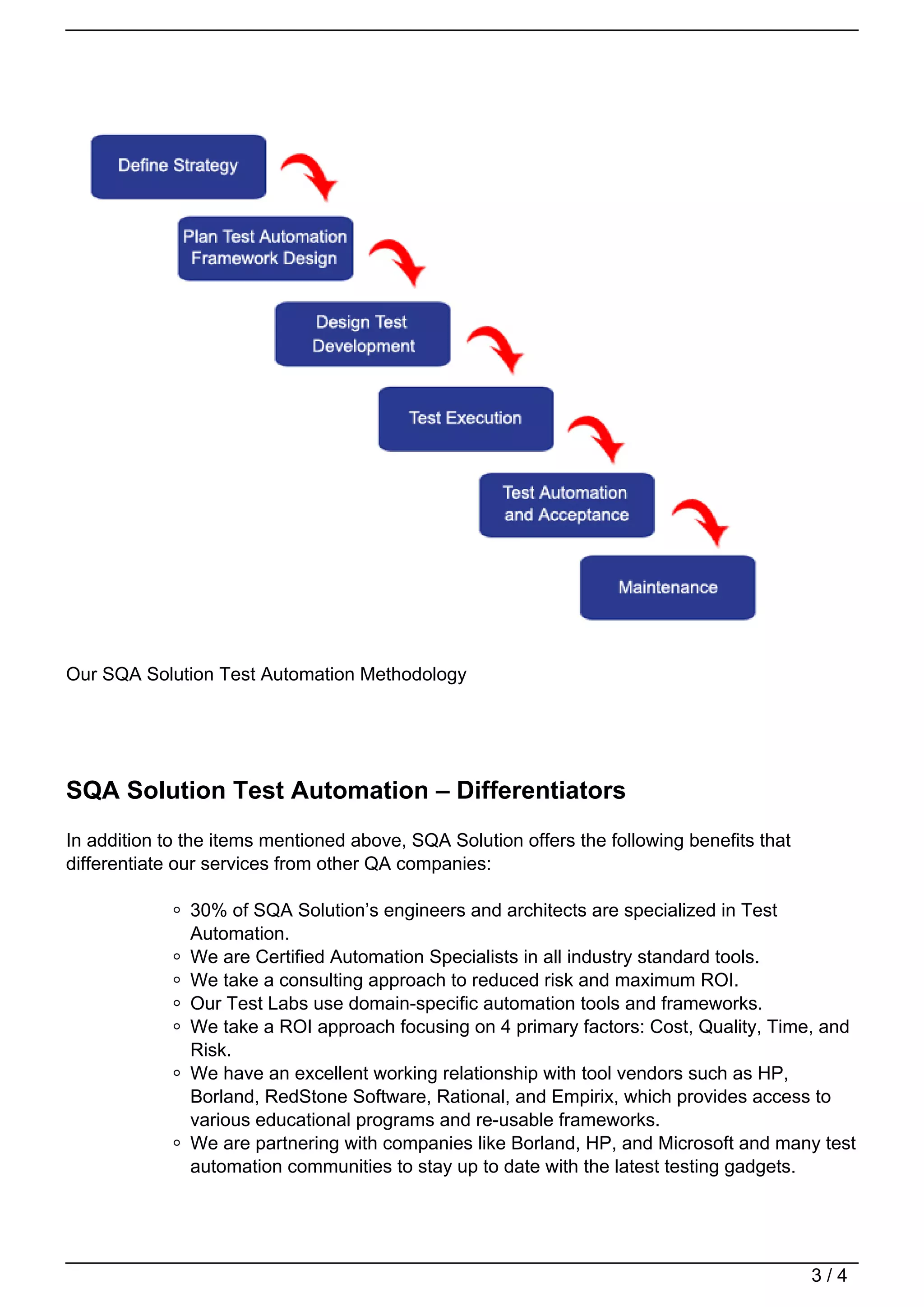 Our SQA Solution Test Automation Methodology




SQA Solution Test Automation – Differentiators
In addition to the items mentioned above, SQA Solution offers the following benefits that
differentiate our services from other QA companies:

               30% of SQA Solution’s engineers and architects are specialized in Test
               Automation.
               We are Certified Automation Specialists in all industry standard tools.
               We take a consulting approach to reduced risk and maximum ROI.
               Our Test Labs use domain-specific automation tools and frameworks.
               We take a ROI approach focusing on 4 primary factors: Cost, Quality, Time, and
               Risk.
               We have an excellent working relationship with tool vendors such as HP,
               Borland, RedStone Software, Rational, and Empirix, which provides access to
               various educational programs and re-usable frameworks.
               We are partnering with companies like Borland, HP, and Microsoft and many test
               automation communities to stay up to date with the latest testing gadgets.




                                                                                            3/4
 