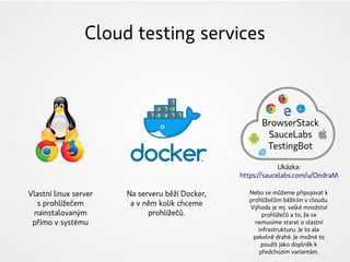 Cloud testing services
BrowserStack
SauceLabs
TestingBot
Ukázka:
https://saucelabs.com/u/OndraM
Vlastní linux server
s prohlížečem
nainstalovaným
přímo v systému
Na serveru běží Docker,
a v něm kolik chceme
prohlížečů.
Nebo se můžeme připojovat k
prohlížečům běžícím v cloudu.
Výhoda je mj. velké množství
prohlížečů a to, že se
nemusíme starat o vlastní
infrastrukturu. Je to ale
pekelně drahé. Je možné to
použít jako doplněk k
předchozím variantám.
 