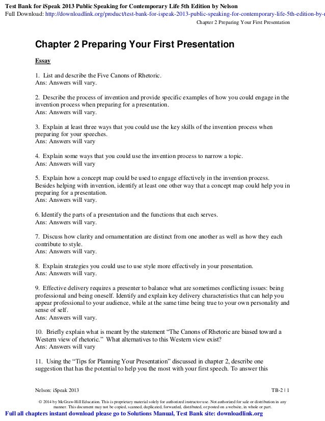 Test Bank for iSpeak 2013 Public Speaking for Contemporary Life 5th E… Test Bank for iSpeak 2013 Public Speaking for Contemporary Life 5th E…