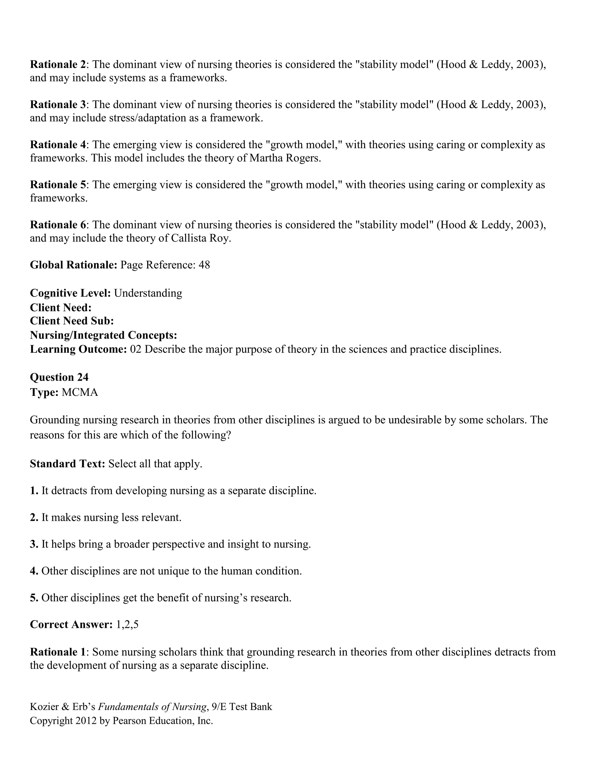 Kozier & Erb’s Fundamentals of Nursing, 9/E Test Bank
Copyright 2012 by Pearson Education, Inc.
Rationale 2: The dominant view of nursing theories is considered the "stability model" (Hood & Leddy, 2003),
and may include systems as a frameworks.
Rationale 3: The dominant view of nursing theories is considered the "stability model" (Hood & Leddy, 2003),
and may include stress/adaptation as a framework.
Rationale 4: The emerging view is considered the "growth model," with theories using caring or complexity as
frameworks. This model includes the theory of Martha Rogers.
Rationale 5: The emerging view is considered the "growth model," with theories using caring or complexity as
frameworks.
Rationale 6: The dominant view of nursing theories is considered the "stability model" (Hood & Leddy, 2003),
and may include the theory of Callista Roy.
Global Rationale: Page Reference: 48
Cognitive Level: Understanding
Client Need:
Client Need Sub:
Nursing/Integrated Concepts:
Learning Outcome: 02 Describe the major purpose of theory in the sciences and practice disciplines.
Question 24
Type: MCMA
Grounding nursing research in theories from other disciplines is argued to be undesirable by some scholars. The
reasons for this are which of the following?
Standard Text: Select all that apply.
1. It detracts from developing nursing as a separate discipline.
2. It makes nursing less relevant.
3. It helps bring a broader perspective and insight to nursing.
4. Other disciplines are not unique to the human condition.
5. Other disciplines get the benefit of nursing’s research.
Correct Answer: 1,2,5
Rationale 1: Some nursing scholars think that grounding research in theories from other disciplines detracts from
the development of nursing as a separate discipline.
 