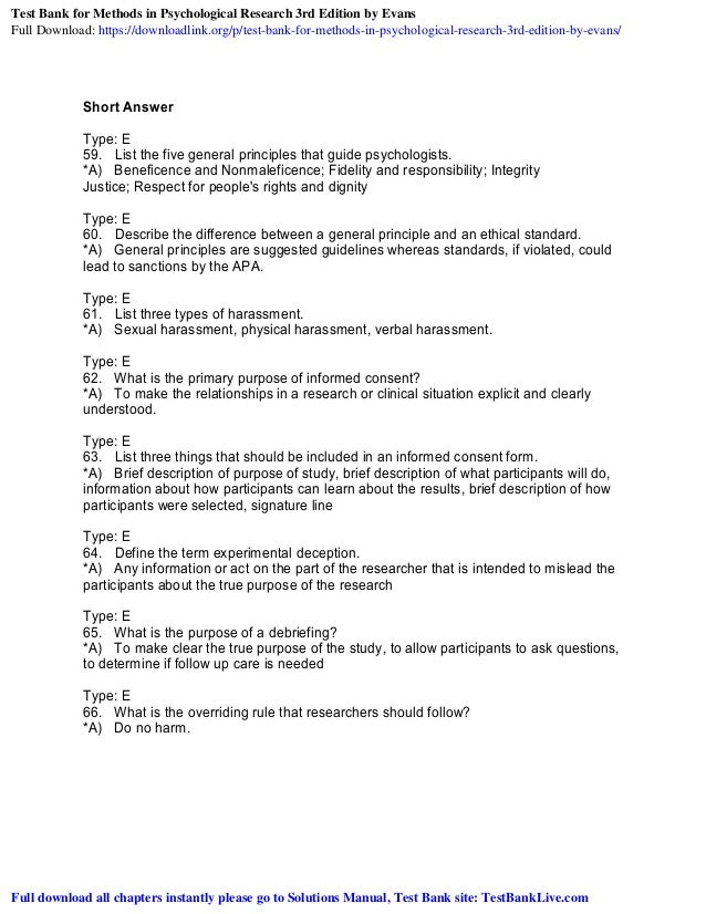 Test Bank for Methods in Psychological Research 3rd