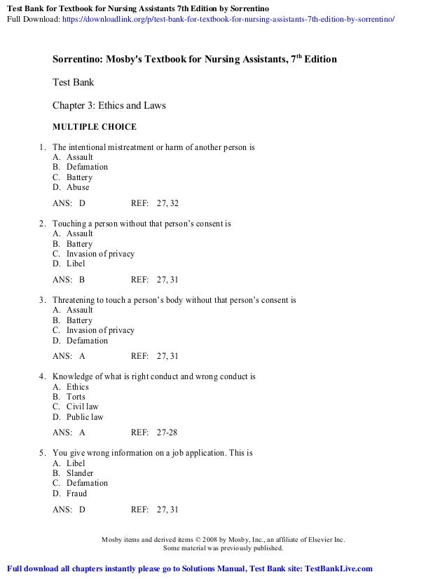 Test Bank For Textbook For Nursing Assistants 7th Edition Sorrenti