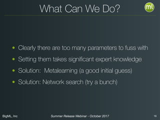 BigML, Inc 16Summer Release Webinar - October 2017
What Can We Do?
• Clearly there are too many parameters to fuss with
• Setting them takes signiﬁcant expert knowledge
• Solution: Metalearning (a good initial guess)
• Solution: Network search (try a bunch)
 