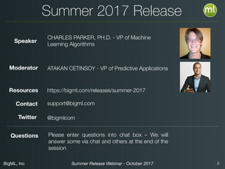 BigML, Inc 2Summer Release Webinar - October 2017
Summer 2017 Release
CHARLES PARKER, PH.D. - VP of Machine
Learning Algorithms
Please enter questions into chat box – We will
answer some via chat and others at the end of the
session
https://bigml.com/releases/summer-2017
ATAKAN CETINSOY - VP of Predictive Applications
Resources
Moderator
Speaker
Contact support@bigml.com
Twitter @bigmlcom
Questions
 
