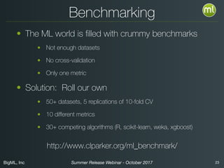 BigML, Inc 23Summer Release Webinar - October 2017
Benchmarking
• The ML world is ﬁlled with crummy benchmarks
• Not enough datasets
• No cross-validation
• Only one metric
• Solution: Roll our own
• 50+ datasets, 5 replications of 10-fold CV
• 10 diﬀerent metrics
• 30+ competing algorithms (R, scikit-learn, weka, xgboost)
http://www.clparker.org/ml_benchmark/
 