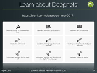 BigML, Inc 26Summer Release Webinar - October 2017
https://bigml.com/releases/summer-2017
Learn about Deepnets
 