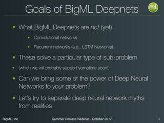 BigML, Inc 4Summer Release Webinar - October 2017
Goals of BigML Deepnets
• What BigML Deepnets are not (yet)
• Convolutional networks
• Recurrent networks (e.g., LSTM Networks)
• These solve a particular type of sub-problem, and
are carefully engineered by experts to do so
• Can we bring some of the power of Deep Neural
Networks to your problem, even if you have no
deep learning expertise?
• Let’s try to separate deep neural network myths
from realities
 