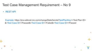 Test Case Management Requirement – No 9 
•REST API Example: https://jira.safenet-inc.com/changeStateServlet?testPlanKey=<Test Plan ID> &<Test Case ID>=Passed&<Test Case ID>=Failed&<Test Case ID>=Passed  