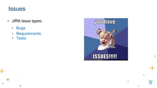 Issues 
•JIRA issue types: 
•Bugs 
•Requirements 
•Tests  
