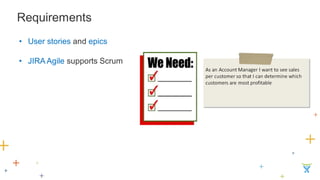 Requirements 
•User stories and epics 
•JIRA Agile supports Scrum  