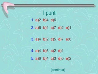I punti 1.   a) 2  b) 4  c) 6  2.   a) 6  b) 4  c) 7  d) 2  e) 1    3.   a) 4  b) 2  c) 5  d) 7  e) 6  4.   a) 4  b) 6  c) 2  d) 1    5.   a) 6  b) 4  c) 3  d) 5  e) 2   (continua) 