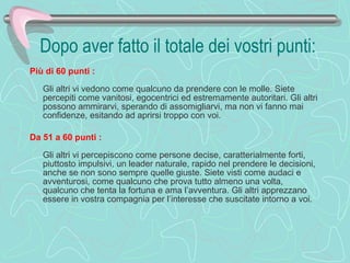 Dopo aver fatto il totale dei vostri punti: Più di 60 punti :     Gli altri vi vedono come qualcuno da prendere con le molle. Siete percepiti come vanitosi, egocentrici ed estremamente autoritari. Gli altri possono ammirarvi, sperando di assomigliarvi, ma non vi fanno mai confidenze, esitando ad aprirsi troppo con voi.  Da 51 a 60 punti :     Gli altri vi percepiscono come persone decise, caratterialmente forti, piuttosto impulsivi, un leader naturale, rapido nel prendere le decisioni, anche se non sono sempre quelle giuste. Siete visti come audaci e avventurosi, come qualcuno che prova tutto almeno una volta, qualcuno che tenta la fortuna e ama l’avventura. Gli altri apprezzano essere in vostra compagnia per l’interesse che suscitate intorno a voi.  