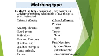 C. Matching type - consists of two columns in
which proper pairing relationship of two things is
strictly observed
Column A (Premise)
Accomplishments
Noted events
Definitions
Uses and Functions
Quantities and
Qualities Examples
Plants, Animals,
Element
Column B (Response)
Persons
Dates
Terms/
Phras
es
Parts/Machines
Symbols/Signs
Rules/Principles
Classification/Category
 