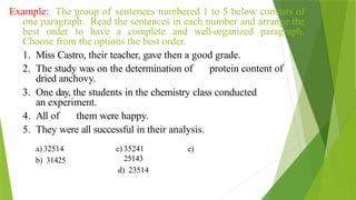 Example: The group of sentences numbered 1 to 5 below consists of
one paragraph. Read the sentences in each number and arrange the
best order to have a complete and well-organized paragraph.
Choose from the options the best order.
1. Miss Castro, their teacher, gave then a good grade.
2. The study was on the determination of protein content of
dried anchovy.
3. One day, the students in the chemistry class conducted
an experiment.
4. All of them were happy.
5. They were all successful in their analysis.
a) 32514
b) 31425
c) 35241 e)
25143
d) 23514
 