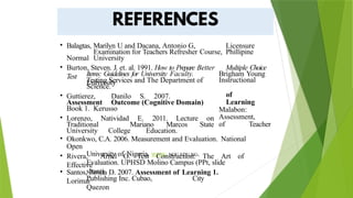 • Balagtas, Marilyn U and Dacana, Antonio G, Licensure
Examination for Teachers Refresher Course, Phillipine
Normal University
• Burton, Steven. J. et. al. 1991. How to Prepare Better Multiple Choice
Test Items: Guidelines for University Faculty. Brigham Young
University Instructional
Testing Services and The Department of
Science.
• Guttierez, Danilo S. 2007.
Assessment Outcome (Cognitive Domain)
Book 1. Kerusso
of
Learning
Malabon:
• Lorenzo, Natividad E. 2011. Lecture on
Traditional Mariano Marcos State
University College Education.
Assessment,
of Teacher
• Okonkwo, C.A. 2006. Measurement and Evaluation. National
Open
University of Nigeria. www. NOU.EDU.NG.
• Rivera, Arnel O. Test Construction: The Art of
Effective
Evaluation. UPHSD Molino Campus (PPt, slide
share)
• Santos, Rosita D. 2007. Assessment of Learning 1.
Lorimar
Publishing Inc. Cubao,
Quezon
City
 