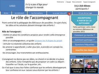 Partenaires

LOGO
Actus

Le concours

L’équipe Nous contacter

Il n’y a pas d’âge pour
changer le monde
Les formations

Espace enseignants

Déjà 213 élèves
participants !
Le projet éducatif

Le rôle de l’accompagnant
Point central de la pédagogie des Bâtisseurs de possibles : le sujet choisi,
les idées et les solutions doivent émerger des enfants !
Rôle de l’enseignant :
- mettre en place les conditions propices pour rendre cette émergence
possible
- être un accompagnateur, un guide à travers les 4 étapes du projet
- stimuler la créativité collective des enfants
-les amener à approfondir, à aller plus loin, à prendre en compte les
contraintes
-les encourager, leur transmettre son enthousiasme.
L’enseignant ne donne pas ses idées, ne choisit ni ne décide à la place
des enfants. Cela n’empêche pas de proposer un cadre au départ :
travailler sur l’école, sur le quartier, etc.
Ce n’est que si vous leur faites confiance que les enfants développeront
leur confiance en eux. Laissez-vous étonner par les enfants !

2

Kit de démarrage

INSCRIPTIONS
A PARTIR DU 10
SEPTEMBRE
Faites participer votre classe
au concours Bâtisseurs de
possibles 2013.

Comment ça marche ?
Comment participer ?
Questions fréquentes

Inscrire ma classe
Exemples de projets

Science en 3D
(handicap)

Parc de quartier
(convivialité)

 