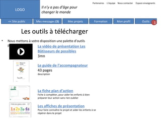 Partenaires

LOGO
<< Site public

Espace enseignants

Il n’y a pas d’âge pour
changer le monde
Mes messages (3)

Mes projets

Formation

Les outils à télécharger
•

L’équipe Nous contacter

Nous mettons à votre disposition une palette d’outils
pédagogiques :
La vidéo de présentation Les

Bâtisseurs de possibles
3mn

Le guide de l’accompagnateur
43 pages
description

La fiche plan d’action

Fiche à compléter, pour aider les enfants à bien
préparer leur action sans rien oublier

Les affiches de présentation

Pour faire connaître le projet et aider les enfants à se
répérer dans le projet

Mon profil

Outils

1

 