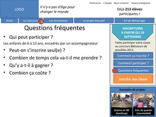 Partenaires

Il n’y a pas d’âge pour
changer le monde

LOGO
Actus

Le concours

5

Les formations

Espace enseignants

Déjà 213 élèves
participants !
Le projet éducatif

Questions fréquentes
• Qui peut participer ?
Les enfants de 6 à 13 ans, encadrés par un accompagnateur

•
•
•
•

L’équipe Nous contacter

Peut-on s’inscrire seul(e) ?
Combien de temps cela va-t-il me prendre ?
Qu’y a-t-il à gagner ?
Combien ça coûte ?

Kit de démarrage

INSCRIPTIONS
A PARTIR DU 10
SEPTEMBRE
Faites participer votre classe
au concours Bâtisseurs de
possibles 2013.

Comment ça marche ?
Comment participer ?
Questions fréquentes

Inscrire ma classe
Exemples de projets

Science en 3D
(handicap)

Parc de quartier
(convivialité)

 