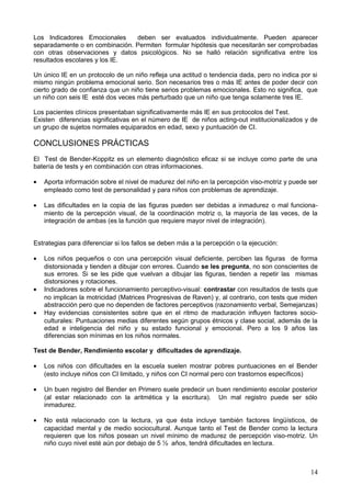Los Indicadores Emocionales deben ser evaluados individualmente. Pueden aparecer
separadamente o en combinación. Permiten formular hipótesis que necesitarán ser comprobadas
con otras observaciones y datos psicológicos. No se halló relación significativa entre los
resultados escolares y los IE.
Un único IE en un protocolo de un niño refleja una actitud o tendencia dada, pero no indica por si
mismo ningún problema emocional serio. Son necesarios tres o más IE antes de poder decir con
cierto grado de confianza que un niño tiene serios problemas emocionales. Esto no significa, que
un niño con seis IE esté dos veces más perturbado que un niño que tenga solamente tres IE.
Los pacientes clínicos presentaban significativamente más IE en sus protocolos del Test.
Existen diferencias significativas en el número de IE de niños acting-out institucionalizados y de
un grupo de sujetos normales equiparados en edad, sexo y puntuación de CI.
CONCLUSIONES PRÁCTICAS
El Test de Bender-Koppitz es un elemento diagnóstico eficaz si se incluye como parte de una
batería de tests y en combinación con otras informaciones.
• Aporta información sobre el nivel de madurez del niño en la percepción viso-motriz y puede ser
empleado como test de personalidad y para niños con problemas de aprendizaje.
• Las dificultades en la copia de las figuras pueden ser debidas a inmadurez o mal funciona-
miento de la percepción visual, de la coordinación motriz o, la mayoría de las veces, de la
integración de ambas (es la función que requiere mayor nivel de integración).
Estrategias para diferenciar si los fallos se deben más a la percepción o la ejecución:
• Los niños pequeños o con una percepción visual deficiente, perciben las figuras de forma
distorsionada y tienden a dibujar con errores. Cuando se les pregunta, no son conscientes de
sus errores. Si se les pide que vuelvan a dibujar las figuras, tienden a repetir las mismas
distorsiones y rotaciones.
• Indicadores sobre el funcionamiento perceptivo-visual: contrastar con resultados de tests que
no implican la motricidad (Matrices Progresivas de Raven) y, al contrario, con tests que miden
abstracción pero que no dependen de factores perceptivos (razonamiento verbal, Semejanzas)
• Hay evidencias consistentes sobre que en el ritmo de maduración influyen factores socio-
culturales: Puntuaciones medias diferentes según grupos étnicos y clase social, además de la
edad e inteligencia del niño y su estado funcional y emocional. Pero a los 9 años las
diferencias son mínimas en los niños normales.
Test de Bender, Rendimiento escolar y dificultades de aprendizaje.
• Los niños con dificultades en la escuela suelen mostrar pobres puntuaciones en el Bender
(esto incluye niños con CI limitado, y niños con CI normal pero con trastornos específicos)
• Un buen registro del Bender en Primero suele predecir un buen rendimiento escolar posterior
(al estar relacionado con la aritmética y la escritura). Un mal registro puede ser sólo
inmadurez.
• No está relacionado con la lectura, ya que ésta incluye también factores lingüísticos, de
capacidad mental y de medio sociocultural. Aunque tanto el Test de Bender como la lectura
requieren que los niños posean un nivel mínimo de madurez de percepción viso-motriz. Un
niño cuyo nivel esté aún por debajo de 5 ½ años, tendrá dificultades en lectura.
14
 
