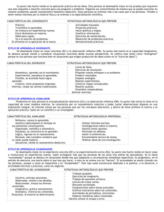 Su punto más fuerte reside en la aplicación práctica de las ideas. Esta persona se desempeña mejor en las pruebas que requieren
una sola respuesta o solución concreta para una pregunta o problema. Organiza sus conocimientos de manera que se pueda concretar en
resolver problemas usando razonamiento hipotético deductivo. Estas personas se orientan más a las cosas que a las personas. Tienden a
tener menos intereses por la materia física y se orientan a la especialización científica.
 ...
CARACTERÍSTICAS DEL CONVERGENTE                        ESTRATEGIAS METODOLÓGICAS QUE PREFIERE
-      Práctico.                                       -           Actividades manuales.
-      Trransfiere lo aprendido.                       -           Proyectos prácticos.
-      Se involucra en experiencias nuevas.            -           Hacer gráficos y mapas.
-      Entra fácilmente en materia.                    -           Clasificar información.
-      Hábil para captar.                              -           Ejercicios de memorización.
-      Va a la solución de problemas.                  -           Resolución de problemas prácticos.
-   Es eficiente en la aplicación de la teoría.        -           Demostraciones prácticas.
......
ESTILO DE APRENDIZAJE DIVERGENTE.
       Se desempeña mejor en cosas concretas (EC) y la observación reflexiva (OR). Su punto más fuerte es la capacidad imaginativa.
Se destaca porque tiende a considerar situaciones concretas desde muchas perspectivas. Se califica este estilo como “divergente”
porque es una persona que funciona bien en situaciones que exigen producción de ideas (como en la “lluvia de ideas”).
...
CARACTERÍSTICAS DEL DIVERGENTE                         ESTRATEGIAS METODOLÓGICAS QUE PREFIERE
                                                       -        Lluvia de ideas.
                                                       -        Ejercicios de simulación.
-       Kinestésico, aprende con el movimiento.        -        Proponer nuevos enfoques a un problema
-       Experimental, reproduce lo aprendido.          -        Predecir resultados.
-       Flexible, se acomoda hasta lograr              -        Emplear analogías.
    aprender.                                          -        Realizar experimentos.
-       Creativo, tiene propuestas originales.         -        Construir mapas conceptuales.
-   Informal, rompe las normas tradicionales.          -        Resolver puzzles.
                                                       -        Ensamblar rompecabezas.
                                                       -     Adivinar acertijos.
......
ESTILO DE APRENDIZAJE ASIMILADOR.
       Predomina en esta persona la conceptualización abstracta (CA) y la observación reflexiva (OR). Su punto más fuerte lo tiene en la
capacidad de crear modelos teóricos. Se caracteriza por un razonamiento inductivo y poder juntar observaciones dispares en una
explicación integral. Se interesa menos por las personas que por los conceptos abstractos, y dentro de éstos prefiere lo teórico a la
aplicación práctica. Suele ser un científico o un investigador.
...
CARACTERÍSTICAS DEL ASIMILADOR                                 ESTRATEGIAS METODOLÓGICAS PREFERIDAS
-      Reflexivo, razona lo aprendido.
-      Analítico (descompone el mensaje en                     -        Utilizar informes escritos.
    sus elementos constituyentes.                              -        Investigaciones sobre la materia.
-      Organizado, metódico y sistemático.                     -        Hacerlo tomar apuntes.
-      Estudioso, se concentra en el aprender.                 -        Participar en debates.
-      Lógico, riguroso en el razonamiento.                    -        Asistir a conferencias.
-      Racional, sólo considera verdad lo que                  -        Encomendarle lectura de textos.
    su razón puede explicar.                                   -        Ordenar datos de una investigación.
-      Secuencial, tiende al razonamiento deductivo.
......
ESTILO DE APRENDIZAJE ACOMODADOR.
        Se desempeña mejor en la experiencia concreta (EC) y la experimentación activa (EA). Su punto más fuerte reside en hacer cosas
e involucrarse en experiencias nuevas. Suele arriesgarse más que las personas de los otros tres estilos de aprendizaje. Se lo llama
“acomodador” porque se destaca en situaciones donde hay que adaptarse a circunstancias inmediatas específicas. Es pragmático, en el
sentido de descartar una teoría sobre lo que hay que hacer, si ésta no se aviene con los “hechos”. El acomodador se siente cómodo con
las personas, aunque a veces se impacienta y es “atropellador”. Este tipo suele encontrarse dedicado a la política, a la docencia, a
actividades técnicas o prácticas, como los negocios.
...CARACTERÍSTICAS DEL ACOMODADOR                  ESTRATEGIAS METODOLÓGICAS QUE PREFIERE
                                                   -          Trabajos grupales.
                                                   -          Ejercicios de imaginería.
-      Intuitivo, anticipa soluciones.
                                                   -          Trabajo de expresión artística.
-      Observador, atento a los detalles.
                                                   -          Lectura de trozos cortos.
-      Relacionador, enlaza los diversos
                                                   -          Discusión socializada.
    contenidos.
                                                   -          Composiciones sobre temas puntuales.
-      Imaginativo, grafica mentalmente.
                                                   -          Gráficos ilustrativos sobre los contenidos.
-      Dramático, vivencia los contenidos.
                                                   -          Actividades de periodismo, entrevistas.
-   Emocional, el entorno es determinante.
                                                   -          Elaborar metáforas sobre contenidos.
                                                   -       Hacerle utilizar el ensayo y error.
 