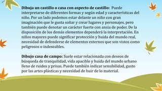 Dibuja un castillo o casa con aspecto de castillo: Puede
interpretarse de diferentes formas y según edad y características del
niño. Por un lado podemos estar delante un niño con gran
imaginación que le gusta soñar y crear lugares y personajes, pero
también puede denotar un carácter fuerte con ansia de poder. De la
disposición de los demás elementos dependerá la interpretación. En
niños mayores puede significar protección y huida del mundo real,
necesidad de defenderse de elementos externos que son vistos como
peligrosos o indeseables.
Dibujo casa de campo: Suele estar relacionada con deseos de
búsqueda de tranquilidad, vida apacible y huida del mundo urbano
lleno de ruidos y prisas. Puede también indicar sensibilidad, gusto
por las artes plásticas y necesidad de huir de lo material.
 