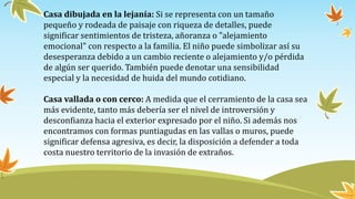 Casa dibujada en la lejanía: Si se representa con un tamaño
pequeño y rodeada de paisaje con riqueza de detalles, puede
significar sentimientos de tristeza, añoranza o "alejamiento
emocional" con respecto a la familia. El niño puede simbolizar así su
desesperanza debido a un cambio reciente o alejamiento y/o pérdida
de algún ser querido. También puede denotar una sensibilidad
especial y la necesidad de huida del mundo cotidiano.
Casa vallada o con cerco: A medida que el cerramiento de la casa sea
más evidente, tanto más debería ser el nivel de introversión y
desconfianza hacia el exterior expresado por el niño. Si además nos
encontramos con formas puntiagudas en las vallas o muros, puede
significar defensa agresiva, es decir, la disposición a defender a toda
costa nuestro territorio de la invasión de extraños.
 
