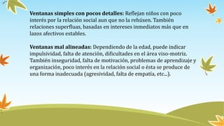 Ventanas simples con pocos detalles: Reflejan niños con poco
interés por la relación social aun que no la rehúsen. También
relaciones superfluas, basadas en intereses inmediatos más que en
lazos afectivos estables.
Ventanas mal alineadas: Dependiendo de la edad, puede indicar
impulsividad, falta de atención, dificultades en el área viso-motriz.
También inseguridad, falta de motivación, problemas de aprendizaje y
organización, poco interés en la relación social o ésta se produce de
una forma inadecuada (agresividad, falta de empatía, etc...).
 