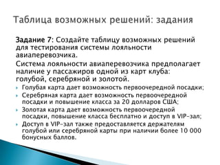 Задание 7: Создайте таблицу возможных решений
для тестирования системы лояльности
авиаперевозчика.
Система лояльности авиаперевозчика предполагает
наличие у пассажиров одной из карт клуба:
голубой, серебряной и золотой.
 Голубая карта дает возможность первоочередной посадки;
 Серебряная карта дает возможность первоочередной
посадки и повышение класса за 20 долларов США;
 Золотая карта дает возможность первоочередной
посадки, повышение класса бесплатно и доступ в VIP-зал;
 Доступ в VIP-зал также предоставляется держателям
голубой или серебряной карты при наличии более 10 000
бонусных баллов.
 