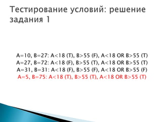 A=10, B=27: A<18 (T), B>55 (F), A<18 OR B>55 (T)
A=27, B=72: A<18 (F), B>55 (T), A<18 OR B>55 (T)
A=31, B=31: A<18 (F), B>55 (F), A<18 OR B>55 (F)
A=5, B=75: A<18 (T), B>55 (T), A<18 OR B>55 (T)
 