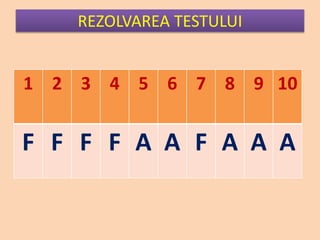 REZOLVAREA TESTULUI
1 2 3 4 5 6 7 8 9 10
F F F F A A F A A A
 