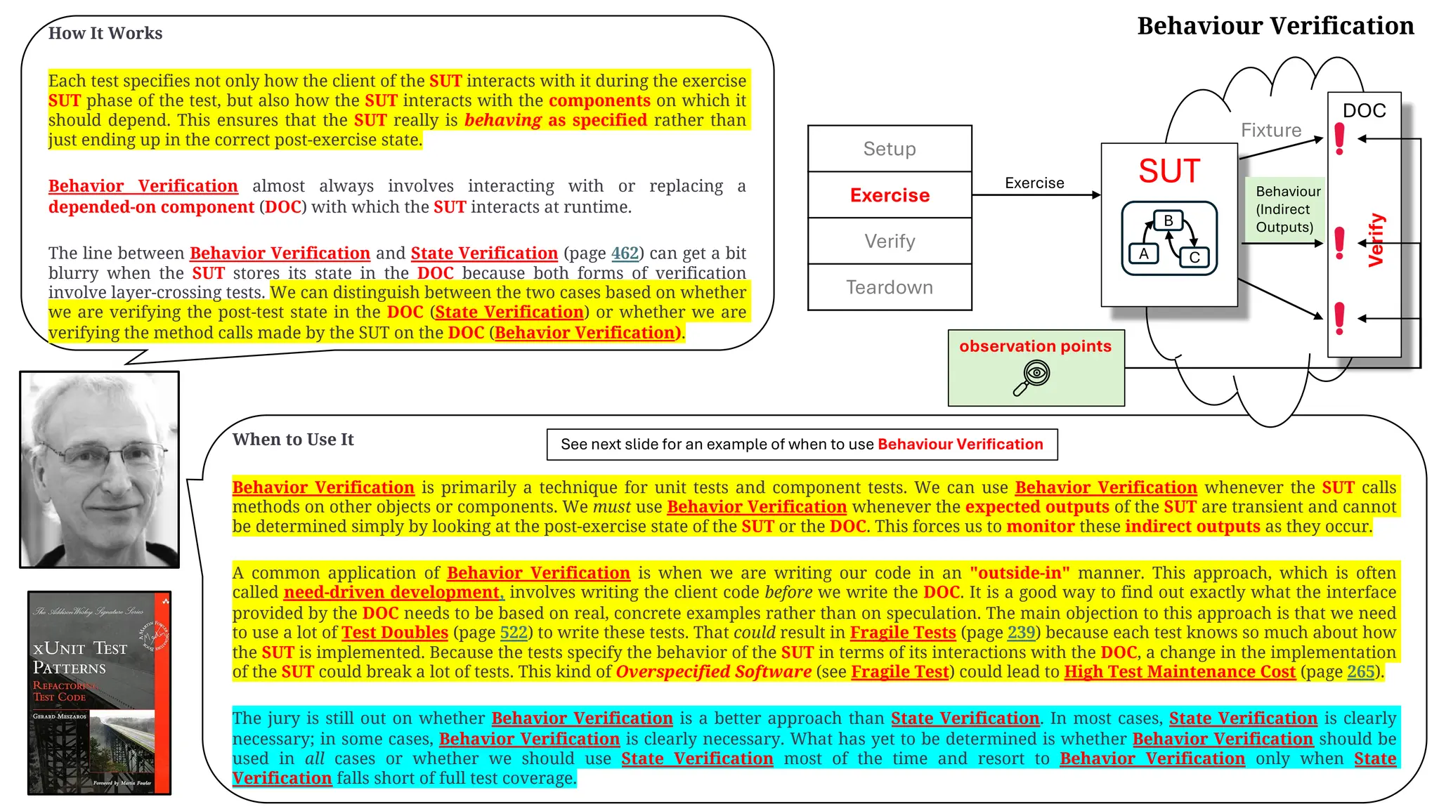 When to Use It
Behavior Verification is primarily a technique for unit tests and component tests. We can use Behavior Verification whenever the SUT calls
methods on other objects or components. We must use Behavior Verification whenever the expected outputs of the SUT are transient and cannot
be determined simply by looking at the post-exercise state of the SUT or the DOC. This forces us to monitor these indirect outputs as they occur.
A common application of Behavior Verification is when we are writing our code in an "outside-in" manner. This approach, which is often
called need-driven development, involves writing the client code before we write the DOC. It is a good way to find out exactly what the interface
provided by the DOC needs to be based on real, concrete examples rather than on speculation. The main objection to this approach is that we need
to use a lot of Test Doubles (page 522) to write these tests. That could result in Fragile Tests (page 239) because each test knows so much about how
the SUT is implemented. Because the tests specify the behavior of the SUT in terms of its interactions with the DOC, a change in the implementation
of the SUT could break a lot of tests. This kind of Overspecified Software (see Fragile Test) could lead to High Test Maintenance Cost (page 265).
The jury is still out on whether Behavior Verification is a better approach than State Verification. In most cases, State Verification is clearly
necessary; in some cases, Behavior Verification is clearly necessary. What has yet to be determined is whether Behavior Verification should be
used in all cases or whether we should use State Verification most of the time and resort to Behavior Verification only when State
Verification falls short of full test coverage.
How It Works
Each test specifies not only how the client of the SUT interacts with it during the exercise
SUT phase of the test, but also how the SUT interacts with the components on which it
should depend. This ensures that the SUT really is behaving as specified rather than
just ending up in the correct post-exercise state.
Behavior Verification almost always involves interacting with or replacing a
depended-on component (DOC) with which the SUT interacts at runtime.
The line between Behavior Verification and State Verification (page 462) can get a bit
blurry when the SUT stores its state in the DOC because both forms of verification
involve layer-crossing tests. We can distinguish between the two cases based on whether
we are verifying the post-test state in the DOC (State Verification) or whether we are
verifying the method calls made by the SUT on the DOC (Behavior Verification).
Setup
Exercise
Verify
Teardown
Setup
Exercise
Verify
Teardown
Fixture
DOC
Setup
Exercise
Verify
Teardown
SUT
Exercise
B
A C
Behaviour
(Indirect
Outputs)
Verify
Behaviour Verification
See next slide for an example of when to use Behaviour Verification
observation points
 