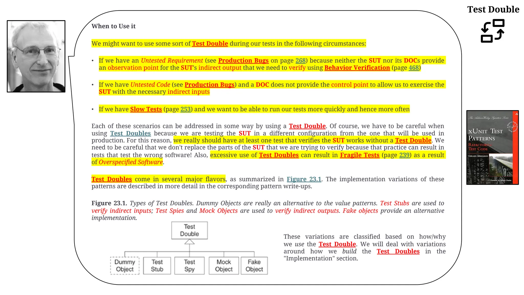 When to Use it
We might want to use some sort of Test Double during our tests in the following circumstances:
• If we have an Untested Requirement (see Production Bugs on page 268) because neither the SUT nor its DOCs provide
an observation point for the SUT's indirect output that we need to verify using Behavior Verification (page 468)
• If we have Untested Code (see Production Bugs) and a DOC does not provide the control point to allow us to exercise the
SUT with the necessary indirect inputs
• If we have Slow Tests (page 253) and we want to be able to run our tests more quickly and hence more often
Each of these scenarios can be addressed in some way by using a Test Double. Of course, we have to be careful when
using Test Doubles because we are testing the SUT in a different configuration from the one that will be used in
production. For this reason, we really should have at least one test that verifies the SUT works without a Test Double. We
need to be careful that we don't replace the parts of the SUT that we are trying to verify because that practice can result in
tests that test the wrong software! Also, excessive use of Test Doubles can result in Fragile Tests (page 239) as a result
of Overspecified Software.
Test Doubles come in several major flavors, as summarized in Figure 23.1. The implementation variations of these
patterns are described in more detail in the corresponding pattern write-ups.
Figure 23.1. Types of Test Doubles. Dummy Objects are really an alternative to the value patterns. Test Stubs are used to
verify indirect inputs; Test Spies and Mock Objects are used to verify indirect outputs. Fake objects provide an alternative
implementation.
Test Double
These variations are classified based on how/why
we use the Test Double. We will deal with variations
around how we build the Test Doubles in the
"Implementation" section.
 