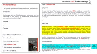 extract from smell Production Bugs
Production Bugs
We find too many bugs during formal tests or in production.
Symptoms
We have put a lot of effort into writing automated tests, yet
the number of bugs showing up in formal (i.e., system) testing
or production remains too high.
Impact
…
Causes
…
Cause: Infrequently Run Tests …
Cause: Lost Test …
Cause: Missing Unit Test …
Cause: Untested Code
Cause: Untested Requirement …
Cause: Neverfail Test …
Cause: Untested Code
Symptoms
We may just "know" that some piece of code in the SUT is not being exercised by
any tests. Perhaps we have never seen that code execute, or perhaps we used code
coverage tools to prove this fact beyond a doubt. In the following example, how can
we test that when timeProvider throws an exception, this exception is handled
correctly?
…
Root Cause
The most common cause of Untested Code is that the SUT includes code paths that
react to particular ways that a depended-on component (DOC) behaves and we
haven't found a way to exercise those paths. Typically, the DOC is being called
synchronously and either returns certain values or throws exceptions. During
normal testing, only a subset of the possible equivalence classes of indirect inputs
are actually encountered.
Another common cause of Untested Code is incompleteness of the test suite caused
by incomplete characterization of the functionality exposed via the SUT's interface.
Possible Solution
If the Untested Code is caused by an inability to control the indirect inputs of the
SUT, the most common solution is to use a Test Stub (page 529) to feed the various
kinds of indirect inputs into the SUT to cover all the code paths. Otherwise, it may
be sufficient to configure the DOC to cause it to return the various indirect inputs
required to fully test the SUT.
see
previous
slide
 