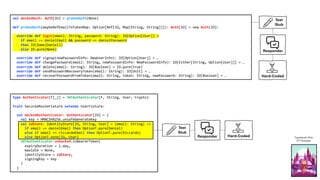 val mockedAuth: Auth[IO] = probedAuth(None)
def probedAuth(maybeRefEmailToTokenMap: Option[Ref[IO, Map[String, String]]]): Auth[IO] = new Auth[IO]:
override def login(email: String, password: String): IO[Option[User]] =
if email == danielEmail && password == danielPassword
then IO(Some(Daniel))
else IO.pure(None)
override def signup(newPasswordInfo: NewUserInfo): IO[Option[User]] = …
override def changePassword(email: String, newPasswordInfo: NewPasswordInfo): IO[Either[String, Option[User]]] = …
override def delete(email: String): IO[Boolean] = IO.pure(true)
override def sendPasswordRecoveryToken(email: String): IO[Unit] = …
override def recoverPasswordFromToken(email: String, token: String, newPassword: String): IO[Boolean] = …
type Authenticator[F[_]] = JWTAuthenticator[F, String, User, Crypto]
trait SecuredRouteFixture extends UserFixture:
val mockedAuthenticator: Authenticator[IO] = {
val key = HMACSHA256.unsafeGenerateKey
val idStore: IdentityStore[IO, String, User] = (email: String) =>
if email == danielEmail then OptionT.pure(Daniel)
else if email == riccardoEmail then OptionT.pure(Riccardo)
else OptionT.none[IO, User]
JWTAuthenticator.unbacked.inBearerToken(
expiryDuration = 1.day,
maxIdle = None,
identityStore = idStore,
signingKey = key
)
}
Test
Stub
Responder
Test
Stub
Responder Hard-Coded Typelevel Rite
of Passage
Hard-Coded
 