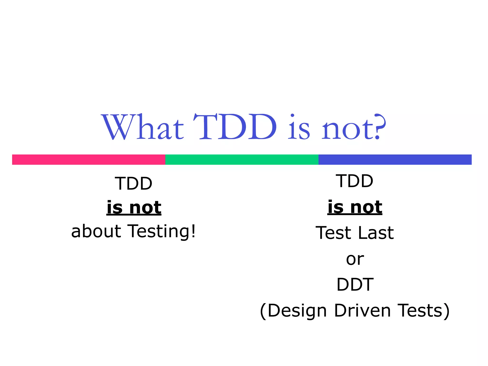 What TDD is not?
TDD
is not
about Testing!
TDD
is not
Test Last
or
DDT
(Design Driven Tests)
 