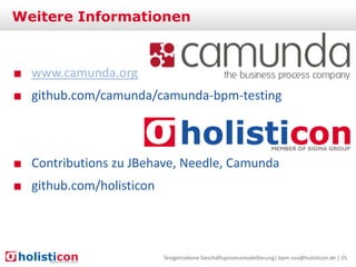 Weitere Informationen

■ www.camunda.org

■ github.com/camunda/camunda-bpm-testing

■ Contributions zu JBehave, Needle, Camunda
■ github.com/holisticon

Testgetriebene Geschäftsprozessmodellierung| bpm-soa@holisticon.de | 25

 