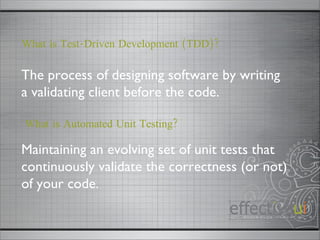 The process of designing software by writing a validating client before the code.  What is Test-Driven Development (TDD)? Maintaining an evolving set of unit tests that continuously validate the correctness (or not) of your code.  What is Automated Unit Testing? 