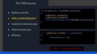 The TDD process
TEST(LedDriver, TurnOnMultipleLeds)
{
LedDriver_TurnOn(8);
LedDriver_TurnOn(9);
TEST_ASSERT_EQUAL_HEX16(0x180,virtualLeds);
}
void LedDriver_TurnOn(int ledNumber)
{
*ledsAddress = 1;
}
2 Tests 1 Failures 0 Ignored
● Define a test list
● Add a small failing test
● Implement minimal code
● Make the test pass
● Refactor
 