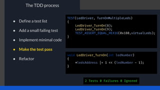The TDD process
TEST(LedDriver, TurnOnMultipleLeds)
{
LedDriver_TurnOn(8);
LedDriver_TurnOn(9);
TEST_ASSERT_EQUAL_HEX16(0x180,virtualLeds);
}
void LedDriver_TurnOn(int ledNumber)
{
*ledsAddress |= 1 << (ledNumber - 1);
}
2 Tests 0 Failures 0 Ignored
● Define a test list
● Add a small failing test
● Implement minimal code
● Make the test pass
● Refactor
 