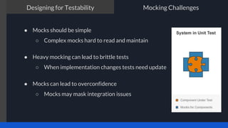 The TDD process
● Mocks should be simple
○ Complex mocks hard to read and maintain
● Heavy mocking can lead to brittle tests
○ When implementation changes tests need update
● Mocks can lead to overconfidence
○ Mocks may mask integration issues
Designing for Testability Mocking Challenges
 