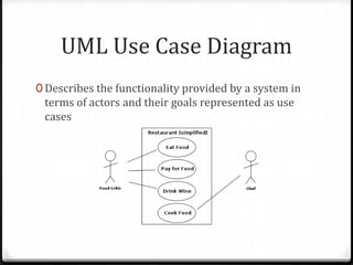 UML Use Case Diagram
0 Describes the functionality provided by a system in
 terms of actors and their goals represented as use
 cases
 