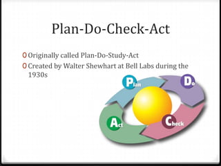 Plan-Do-Check-Act
0 Originally called Plan-Do-Study-Act
0 Created by Walter Shewhart at Bell Labs during the
 1930s
 