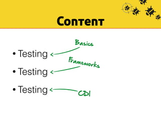 Content 
• Testing 
• Testing 
• Testing 
Basics 
Frameworks 
CDI 
 