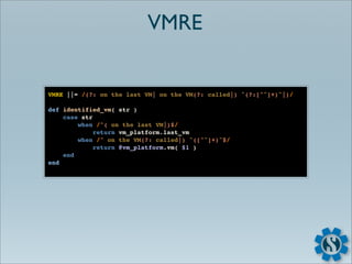 VMRE


VMRE ||= /(?: on the last VM| on the VM(?: called|) "(?:[^"]+)"|)/

def identified_vm( str )
    case str
        when /^( on the last VM|)$/
             return vm_platform.last_vm
        when /^ on the VM(?: called|) "([^"]+)"$/
             return @vm_platform.vm( $1 )
    end
end
 