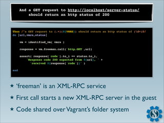 And a GET request to http://localhost/server-status/
          should return an http status of 200



Then /^a GET request to (.+)(#{VMRE}) should return an http status of (d+)$/
do |url,vmre,status|

      vm = identified_vm( vmre )

      response = vm.freeman.call('http.GET',url)

      assert( response['code'].to_i == status.to_i,
          "Response code 200 expected from #{url}, " +
            "received #{response['code']}" )

end




★   ‘freeman’ is an XML-RPC service
★   First call starts a new XML-RPC server in the guest
★   Code shared over Vagrant’s folder system
 