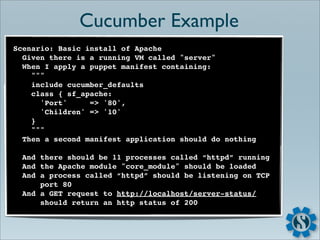 Cucumber Example
Scenario: Basic install of Apache
  Given there is a running VM called "server"
  When I apply a puppet manifest containing:
    """
    include cucumber_defaults
    class { sf_apache:
      'Port'     => '80',
      'Children' => '10'
    }
    """
  Then a second manifest application should do nothing

  And there should be 11 processes called “httpd” running
  And the Apache module "core_module" should be loaded
  And a process called “httpd” should be listening on TCP
      port 80
  And a GET request to http://localhost/server-status/
      should return an http status of 200
 