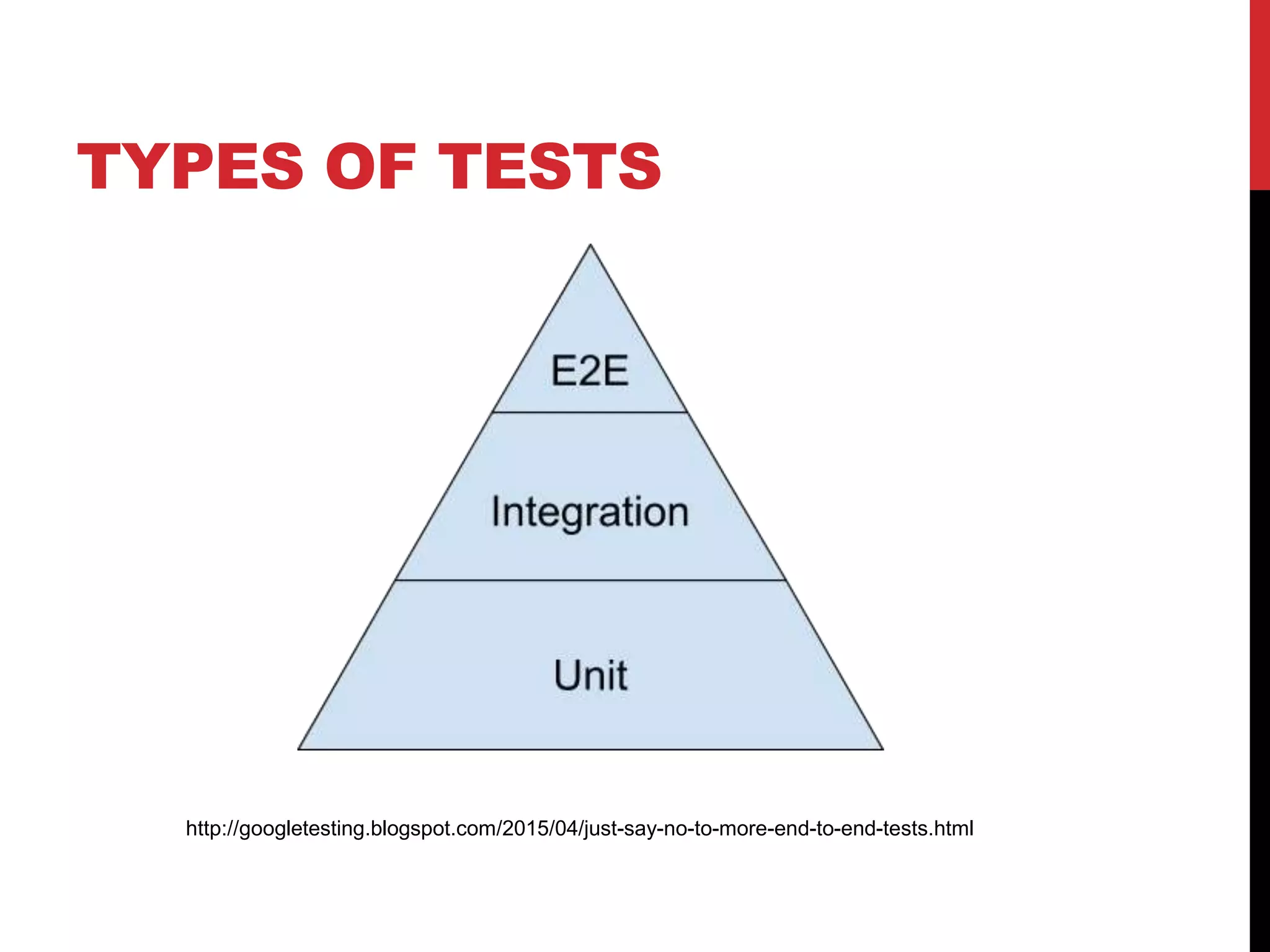 TYPES OF TESTS
http://googletesting.blogspot.com/2015/04/just-say-no-to-more-end-to-end-tests.html
 