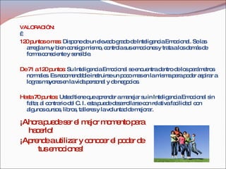 VALORACIÓN:   120 puntos o mas:  Dispone de un elevado grado de Inteligencia Emocional. Se las arregla muy bien consigo mismo, controla sus emociones y trata a los demás de forma consciente y sensible. De 71 a 120 puntos:  Su Inteligencia Emocional se encuentra dentro de los parámetros normales. Es recomendable instruirse un poco mas en la misma para poder aspirar a logras mayores en la vida personal y de negocios. Hasta 70 puntos:  Usted tiene que aprender a manejar su in Inteligencia Emocional sin falta; al contrario del C. I. esta puede desarrollarse con relativa facilidad  con algunos cursos, libros, talleres y la voluntad de mejorar. ¡Ahora puede ser el mejor momento para  hacerlo! ¡Aprende a utilizar y conocer el poder de  tus emociones! 